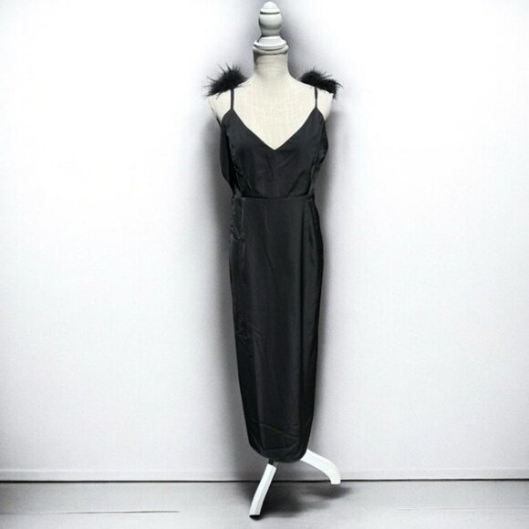 🌻NEW w/tag Lulus Exquisite Invite Black Satin Feather Backless Midi Dress SMALL - Picture 4 of 13